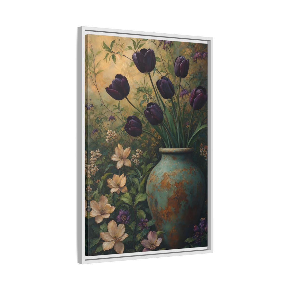 Side Mockup 10. Floral Dark Tulips Dark Floral Vintage shown as stretched canvas wall art