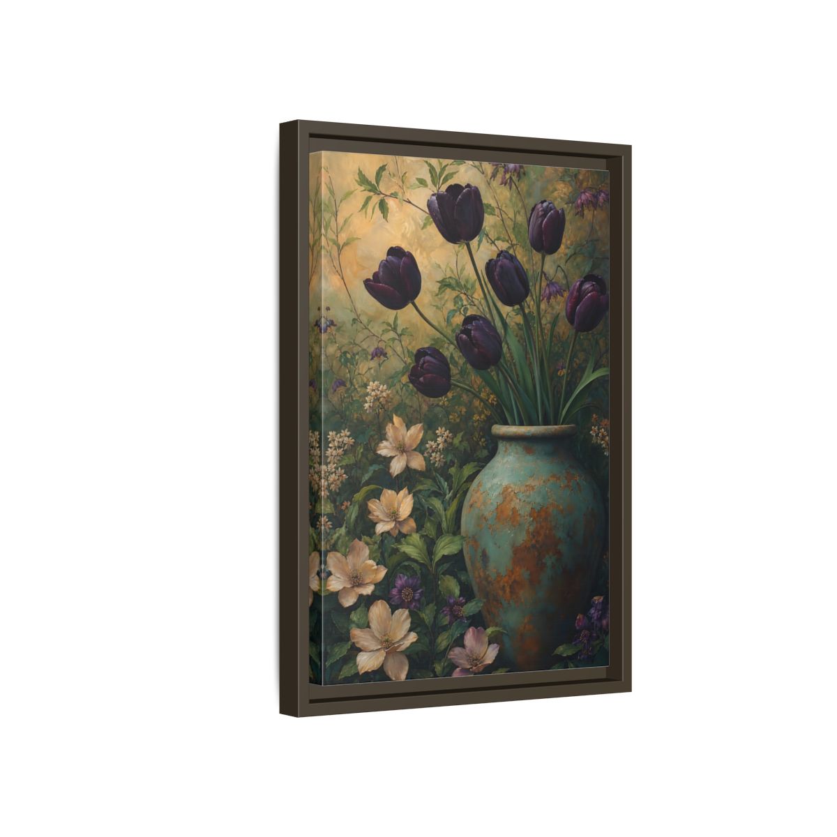 Side Mockup 5. Floral Dark Tulips Dark Floral Vintage shown as stretched canvas wall art