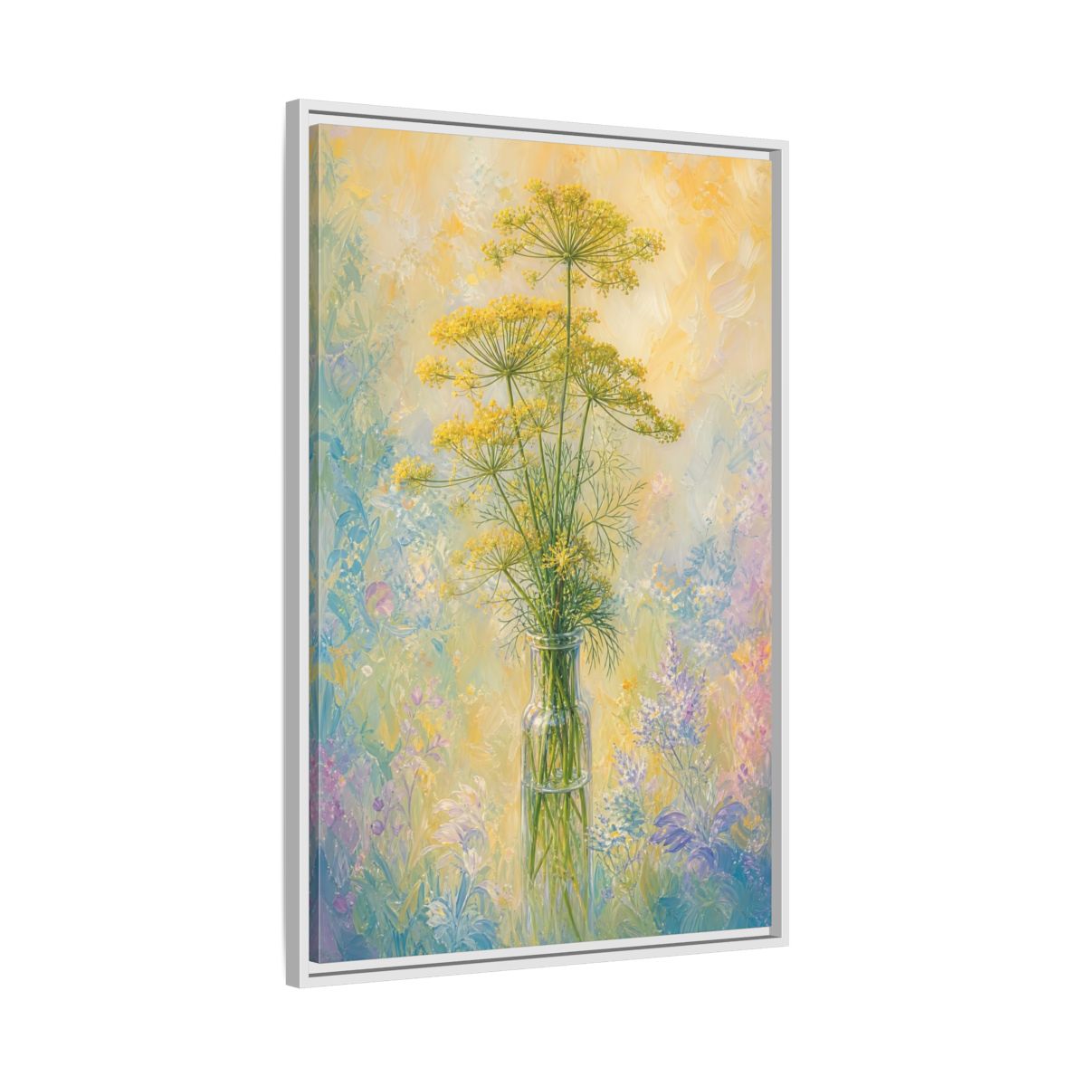 Side Mockup 9. Floral Dill Flowers Yellow Floral Art shown as stretched canvas wall art