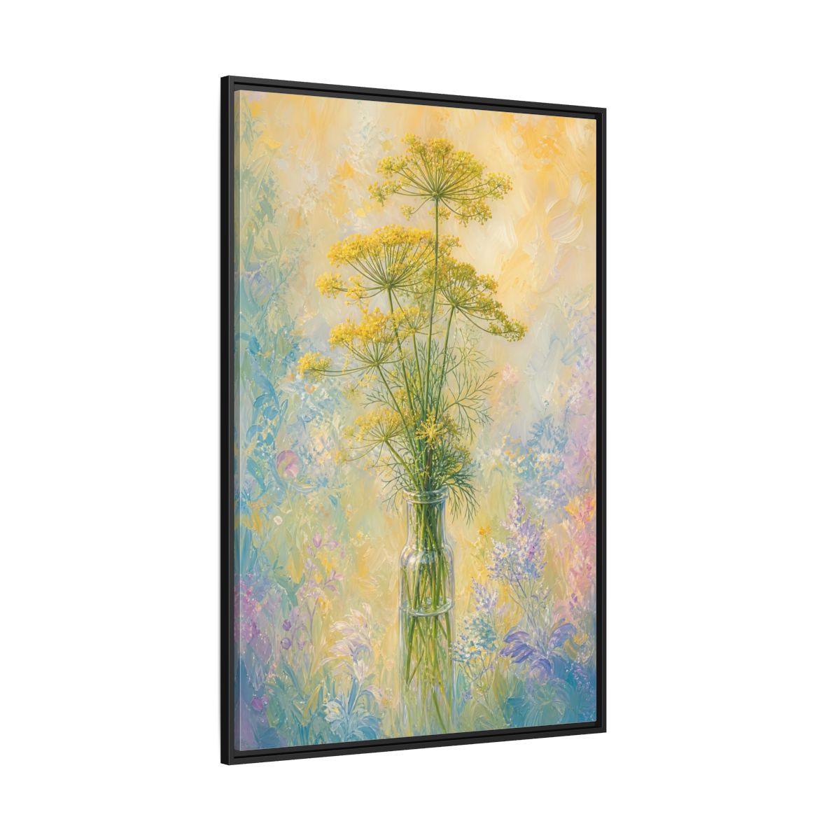Side Mockup 12. Floral Dill Flowers Yellow Floral Art shown as stretched canvas wall art