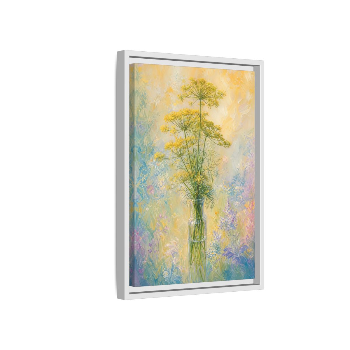 Side Mockup 4. Floral Dill Flowers Yellow Floral Art shown as stretched canvas wall art