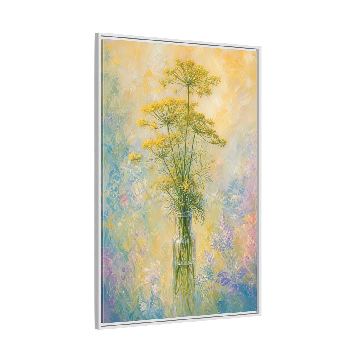 Side Mockup 7. Floral Dill Flowers Yellow Floral Art shown as stretched canvas wall art