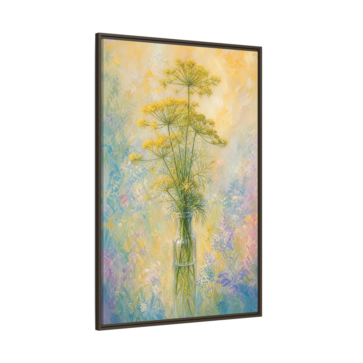 Side Mockup 8. Floral Dill Flowers Yellow Floral Art shown as stretched canvas wall art