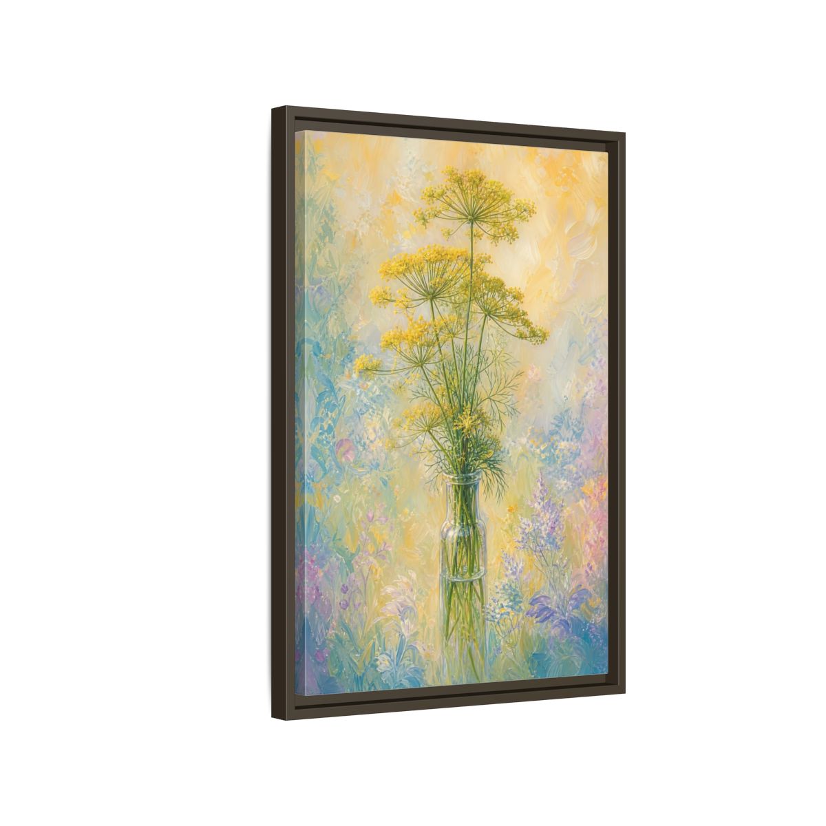 Side Mockup 2. Floral Dill Flowers Yellow Floral Art shown as stretched canvas wall art