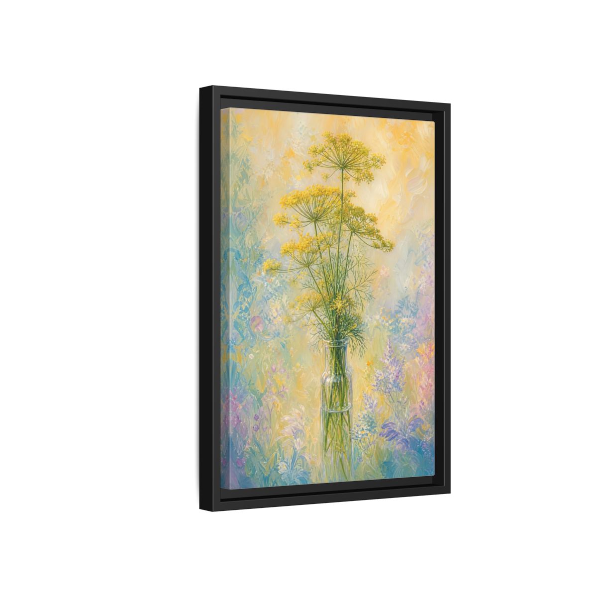 Side Mockup 6. Floral Dill Flowers Yellow Floral Art shown as stretched canvas wall art