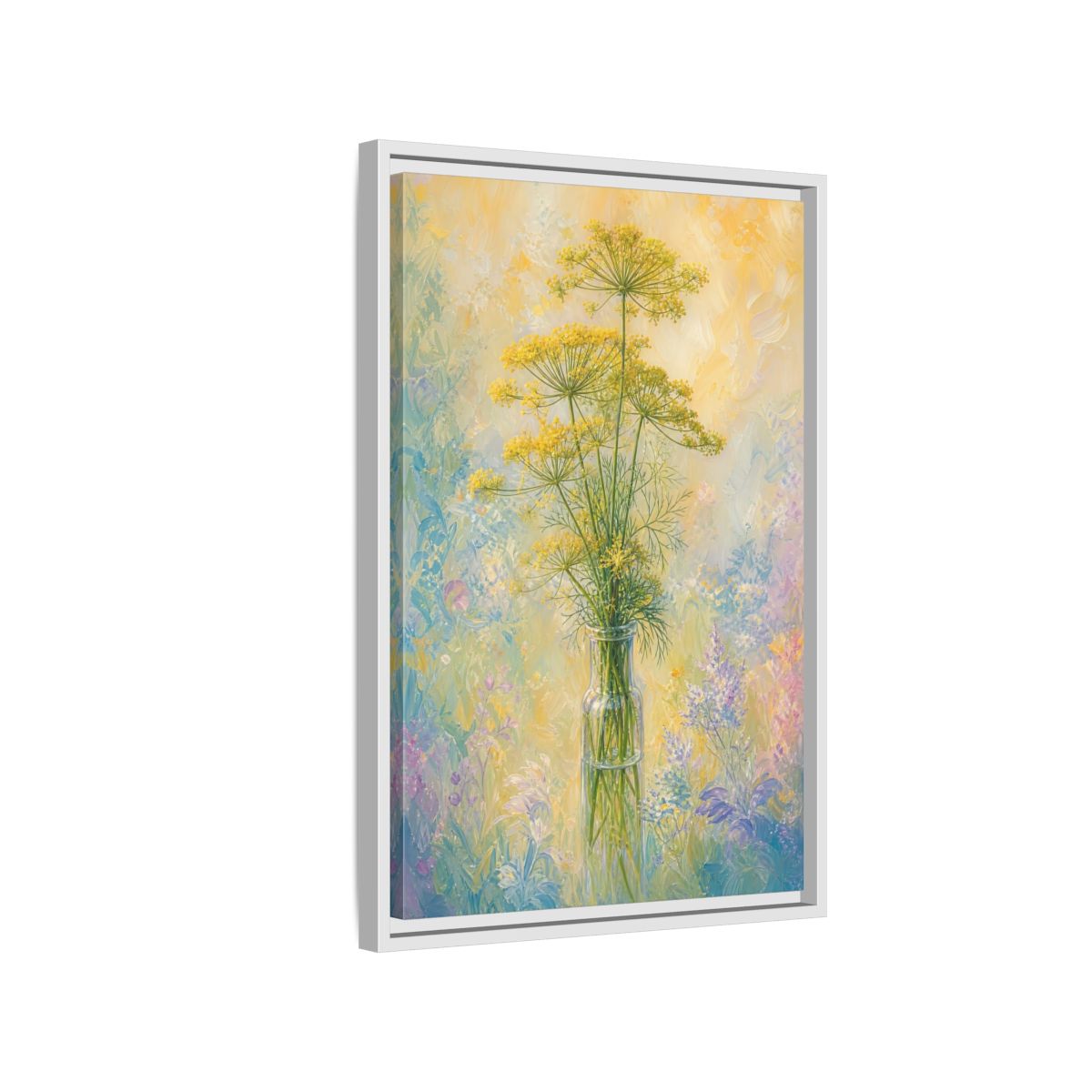 Side Mockup 1. Floral Dill Flowers Yellow Floral Art shown as stretched canvas wall art