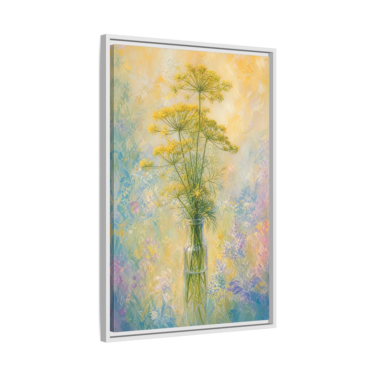 Side Mockup 10. Floral Dill Flowers Yellow Floral Art shown as stretched canvas wall art