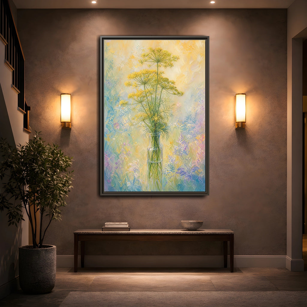 Mockup 2. Floral Dill Flowers Yellow Floral Art shown as stretched canvas wall art