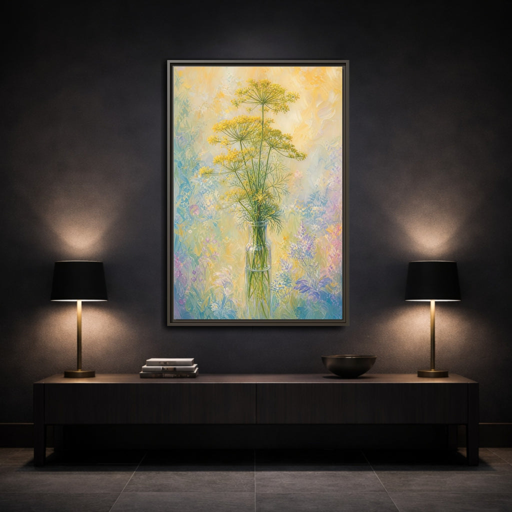 Mockup 3. Floral Dill Flowers Yellow Floral Art shown as stretched canvas wall art