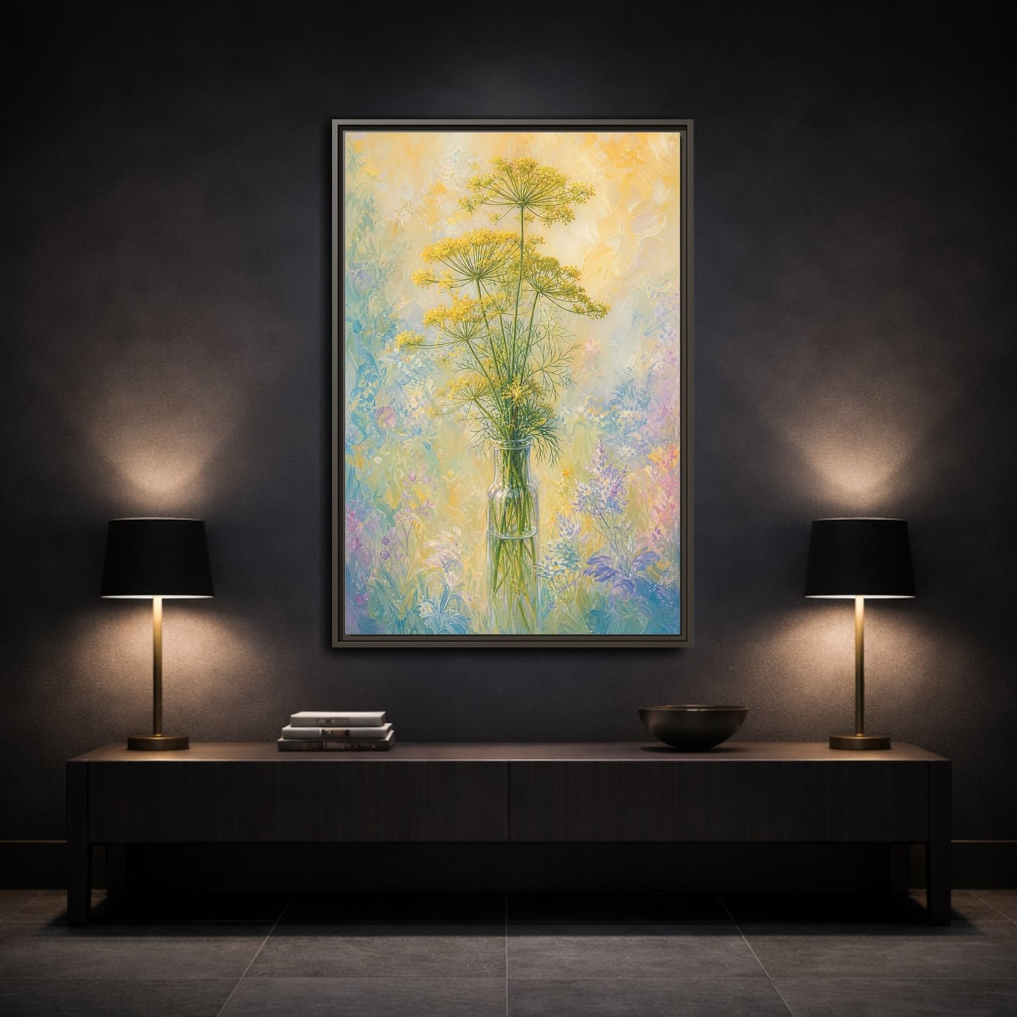 Mockup 3. Floral Dill Flowers Yellow Floral Art shown as stretched canvas wall art