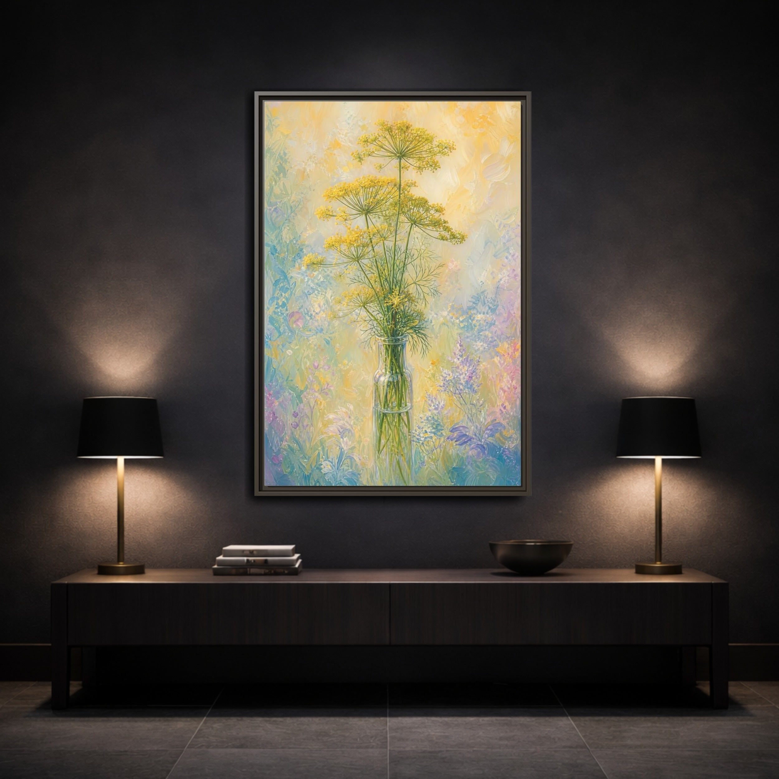Mockup 3. Floral Dill Flowers Yellow Floral Art shown as stretched canvas wall art