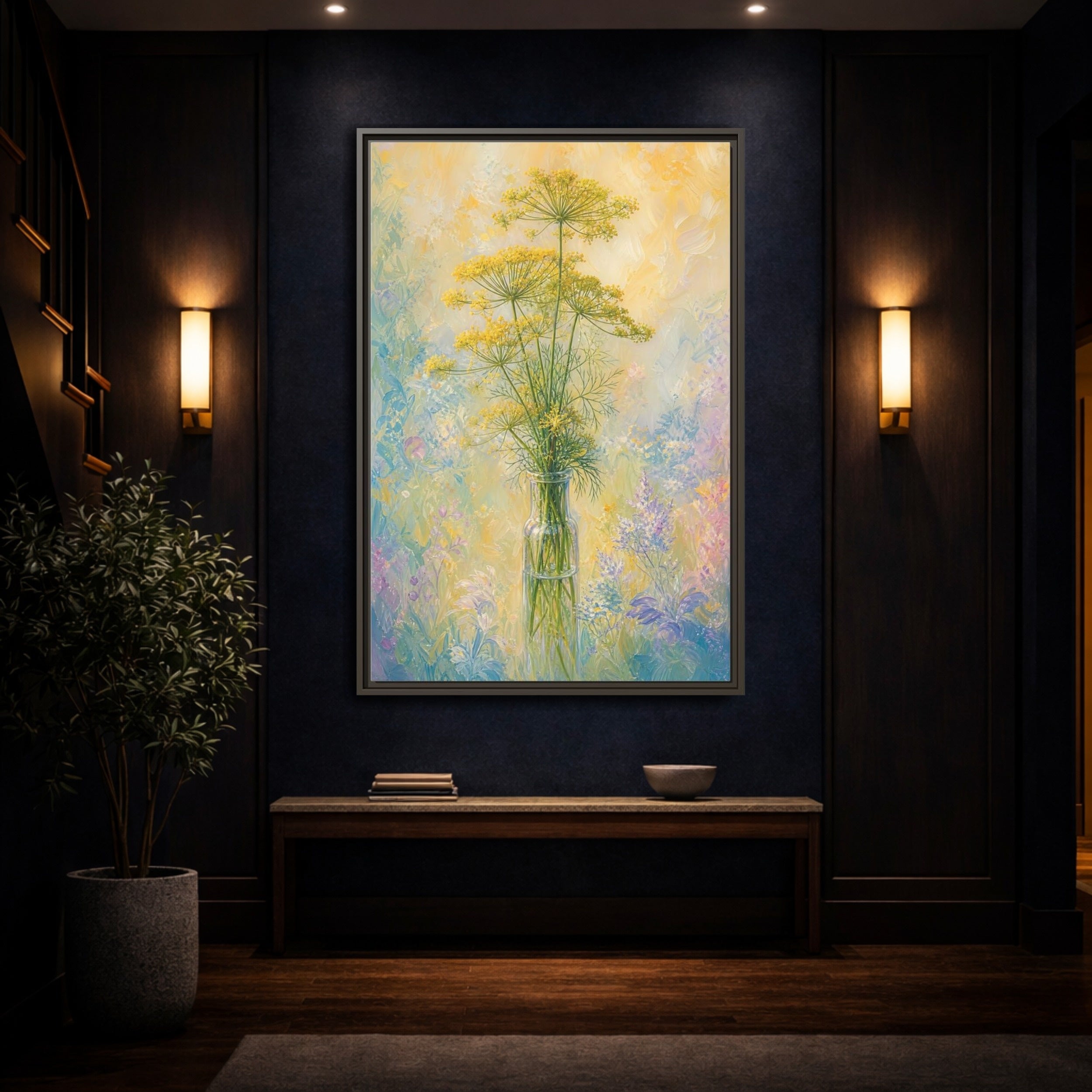 Mockup 4. Floral Dill Flowers Yellow Floral Art shown as stretched canvas wall art
