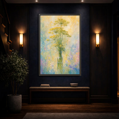 Mockup 4. Floral Dill Flowers Yellow Floral Art shown as stretched canvas wall art