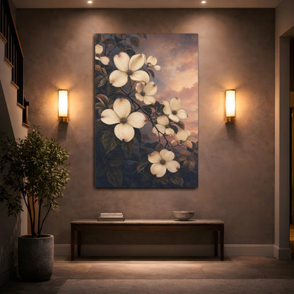 Mockup 2. Floral Dogwood Flowers Cream And Dark Botanical shown as stretched canvas wall art