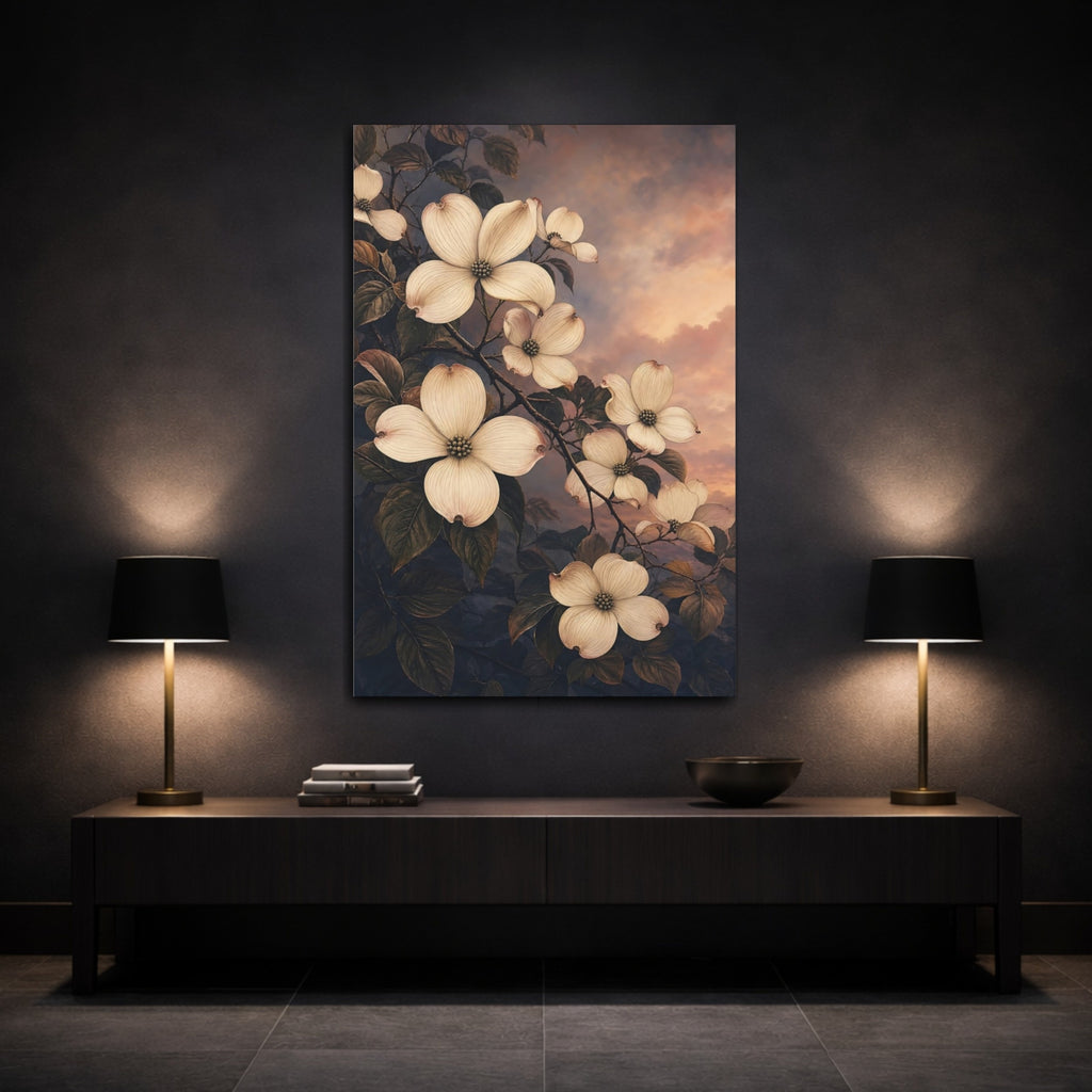 Mockup 3. Floral Dogwood Flowers Cream And Dark Botanical shown as stretched canvas wall art