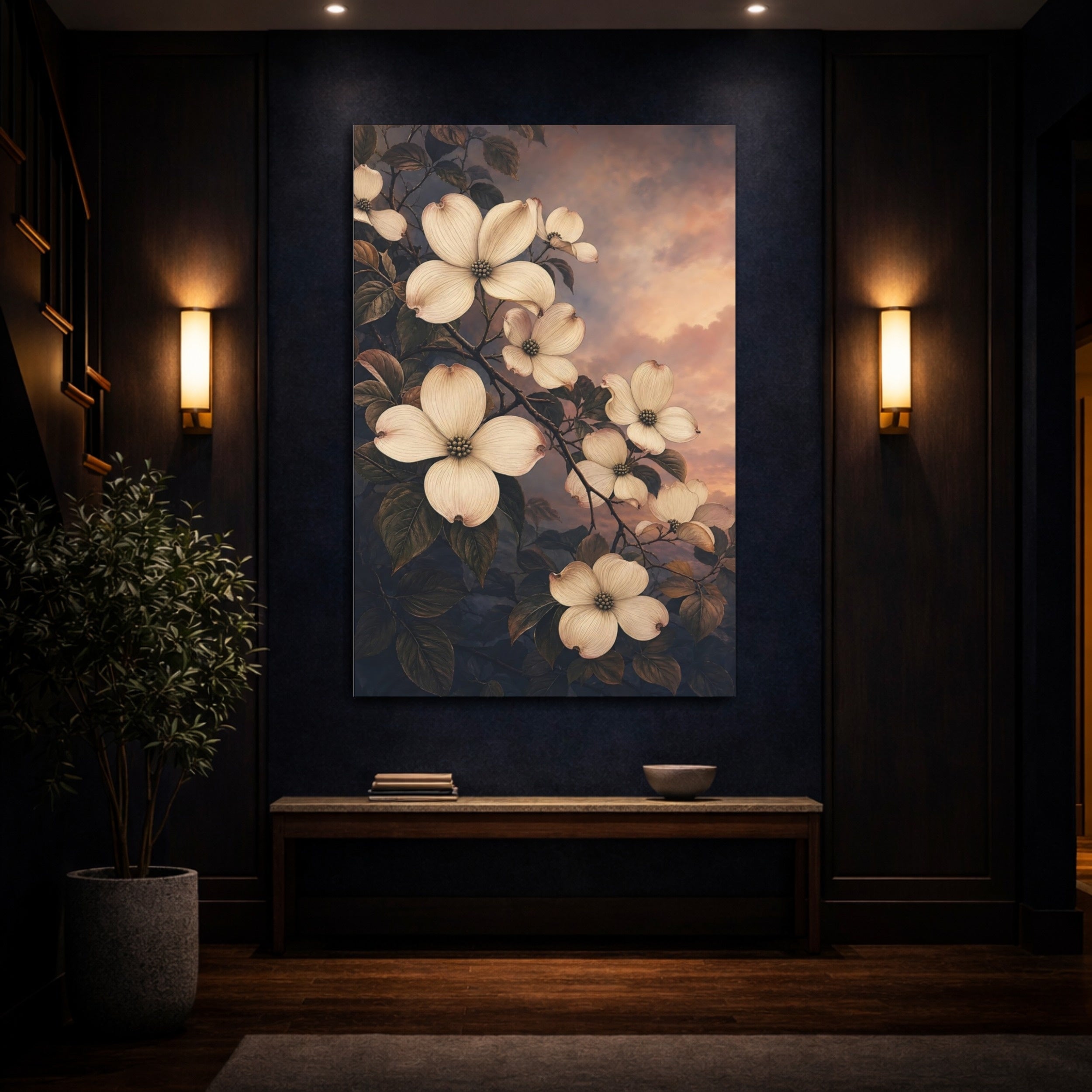 Mockup 4. Floral Dogwood Flowers Cream And Dark Botanical shown as stretched canvas wall art