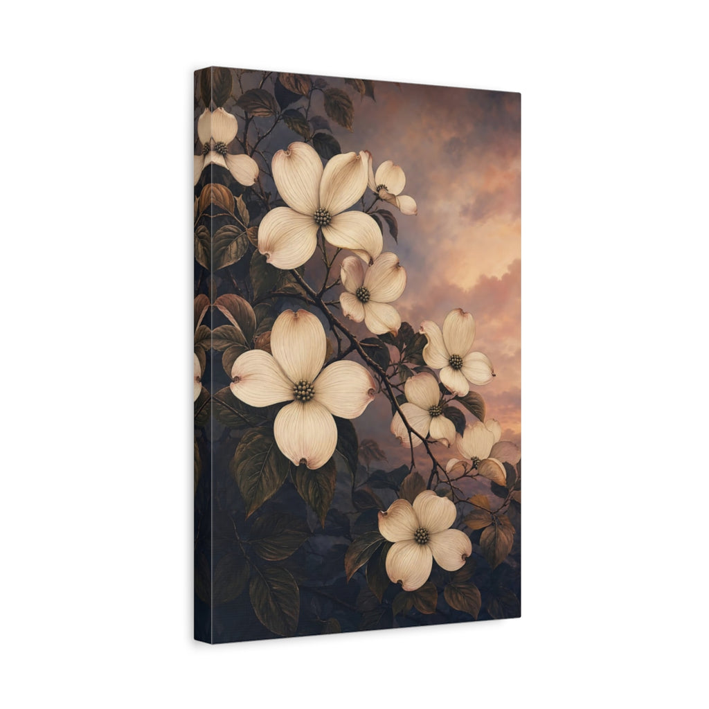 Side Mockup 4. Floral Dogwood Flowers Cream And Dark Botanical shown as stretched canvas wall art