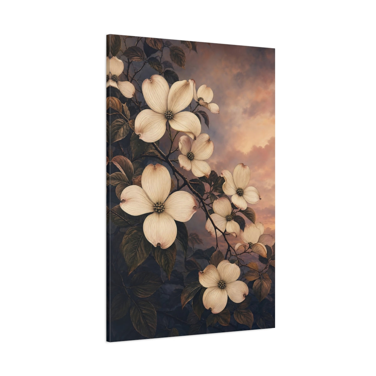 Side Mockup 1. Floral Dogwood Flowers Cream And Dark Botanical shown as stretched canvas wall art