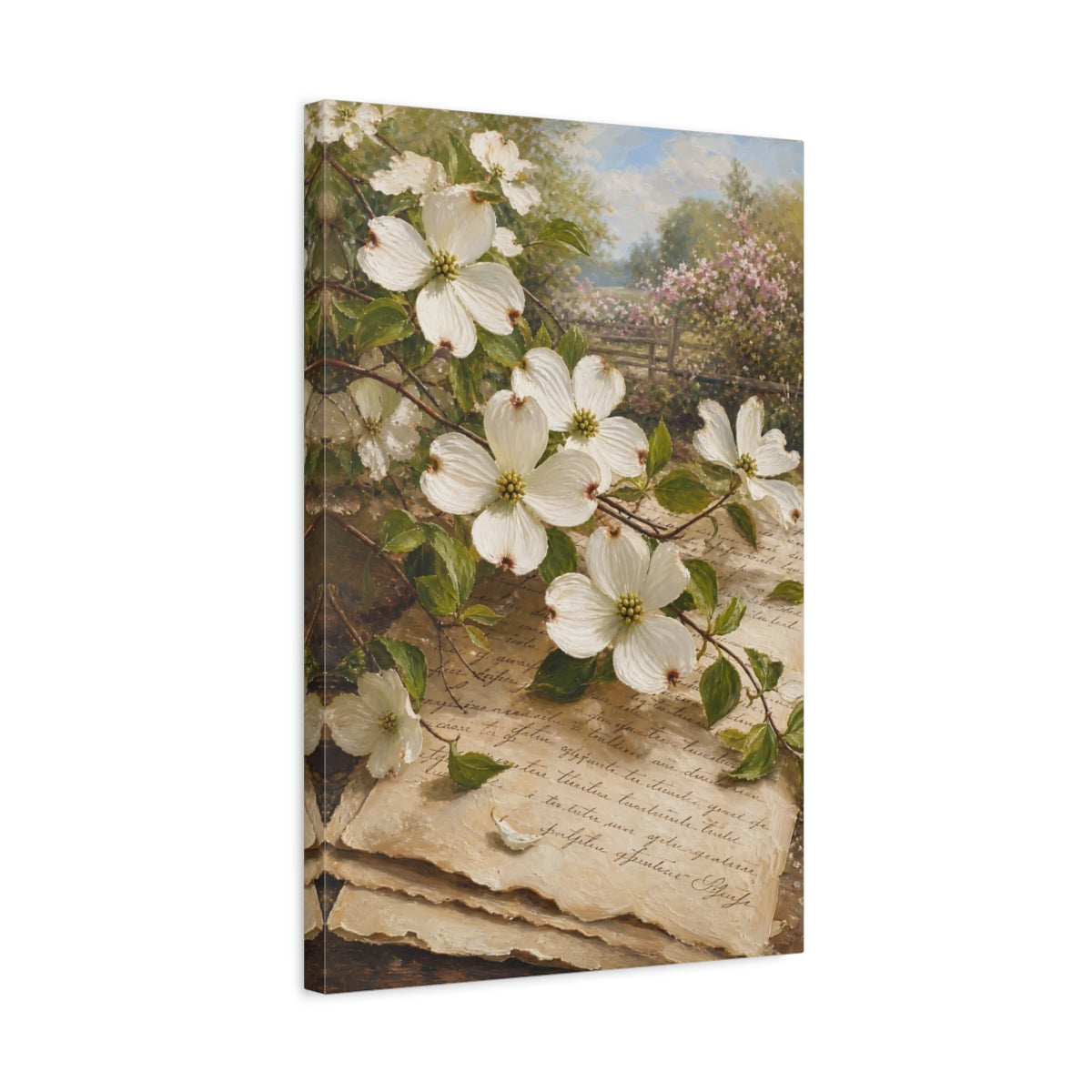 Side Mockup 3. Floral Dogwood Flowers Vintage Floral shown as stretched canvas wall art