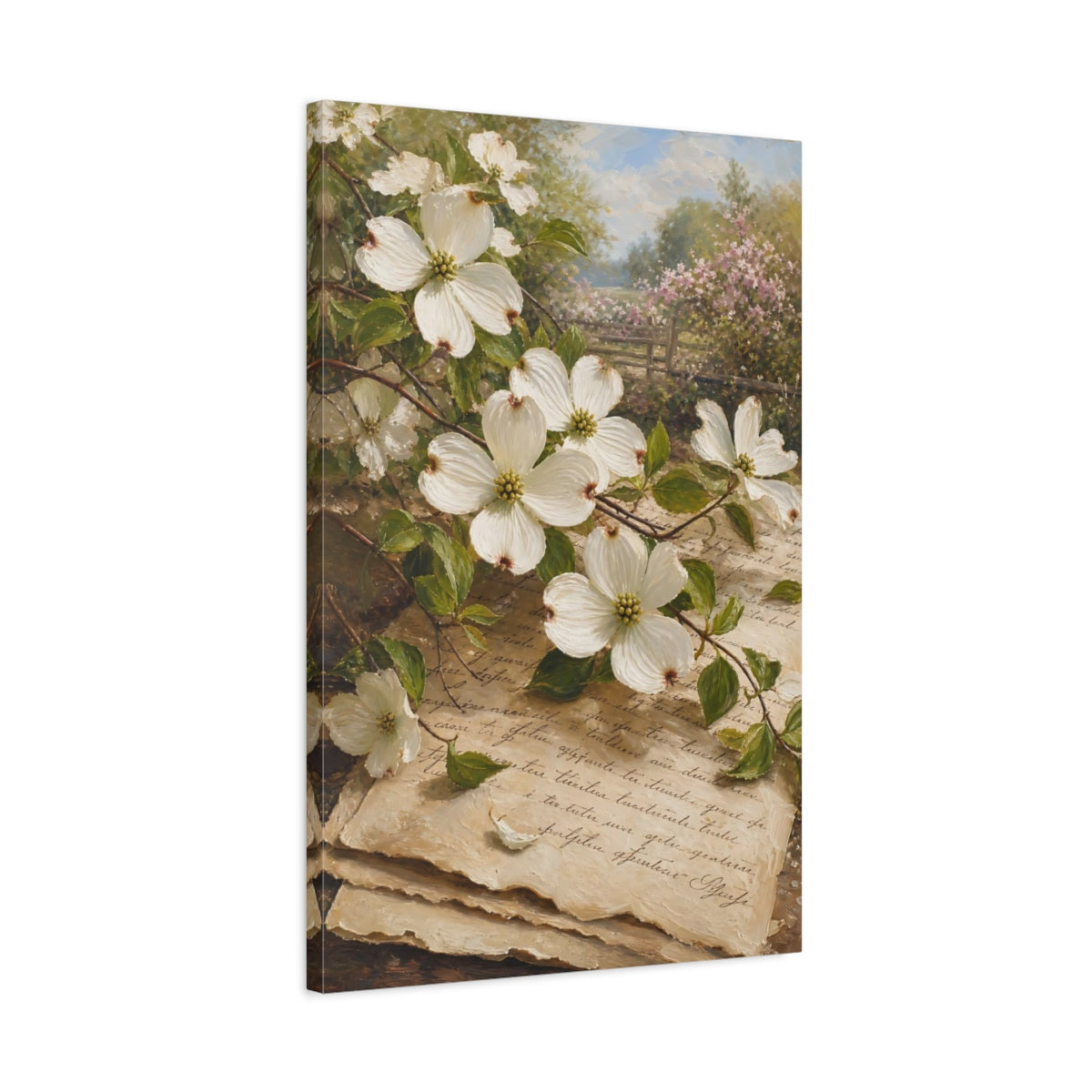Side Mockup 2. Floral Dogwood Flowers Vintage Floral shown as stretched canvas wall art
