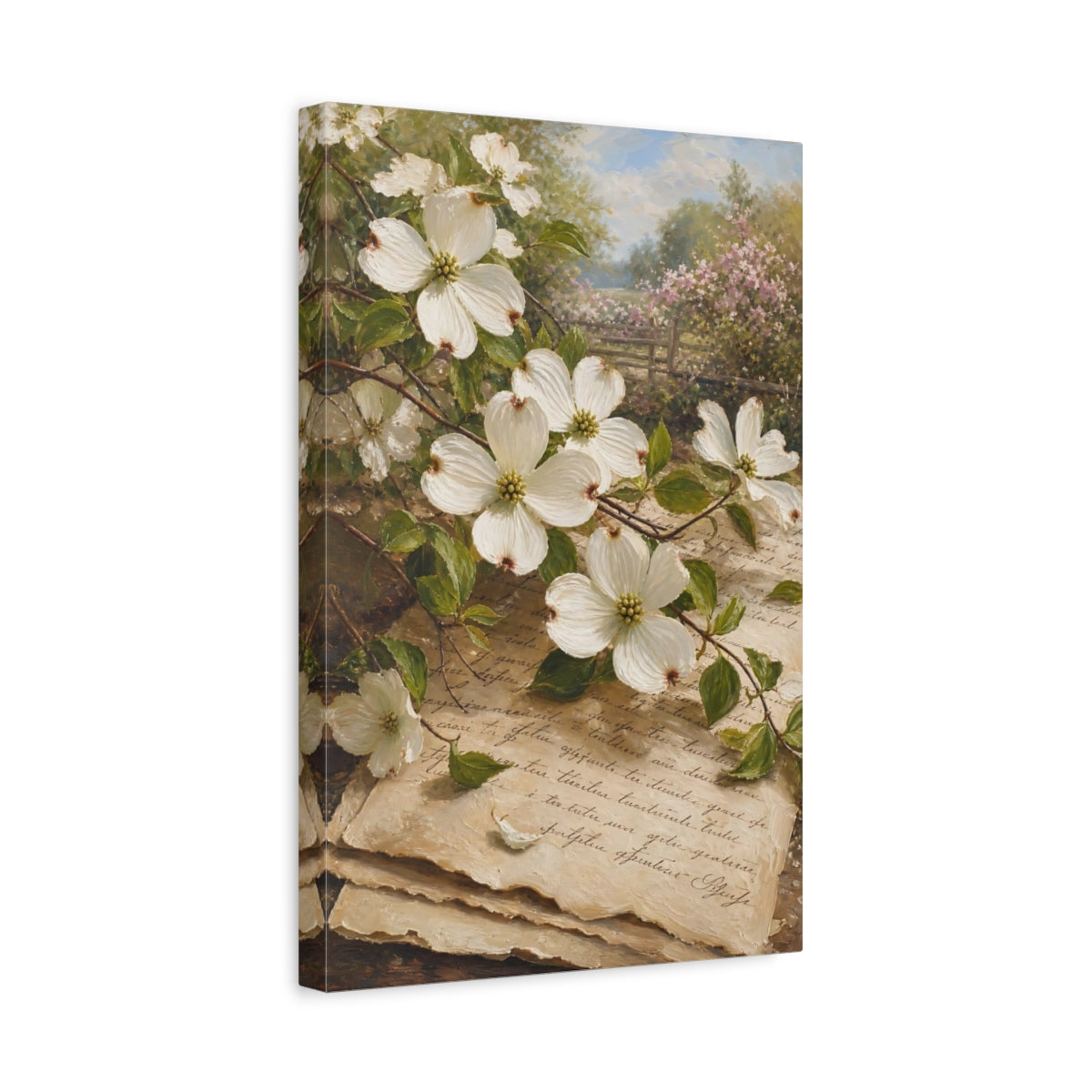 Side Mockup 4. Floral Dogwood Flowers Vintage Floral shown as stretched canvas wall art