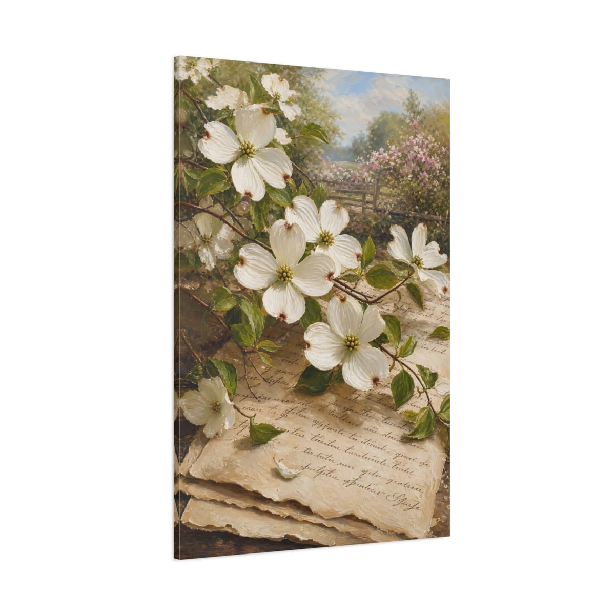Side Mockup 1. Floral Dogwood Flowers Vintage Floral shown as stretched canvas wall art