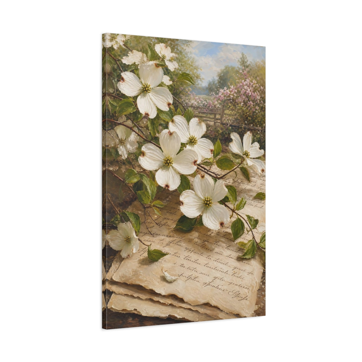 Main Mockup. Floral Dogwood Flowers Vintage Floral shown as stretched canvas wall art