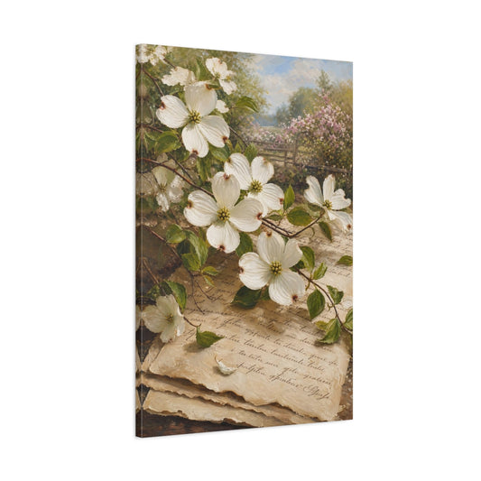 Main Mockup. Floral Dogwood Flowers Vintage Floral shown as stretched canvas wall art