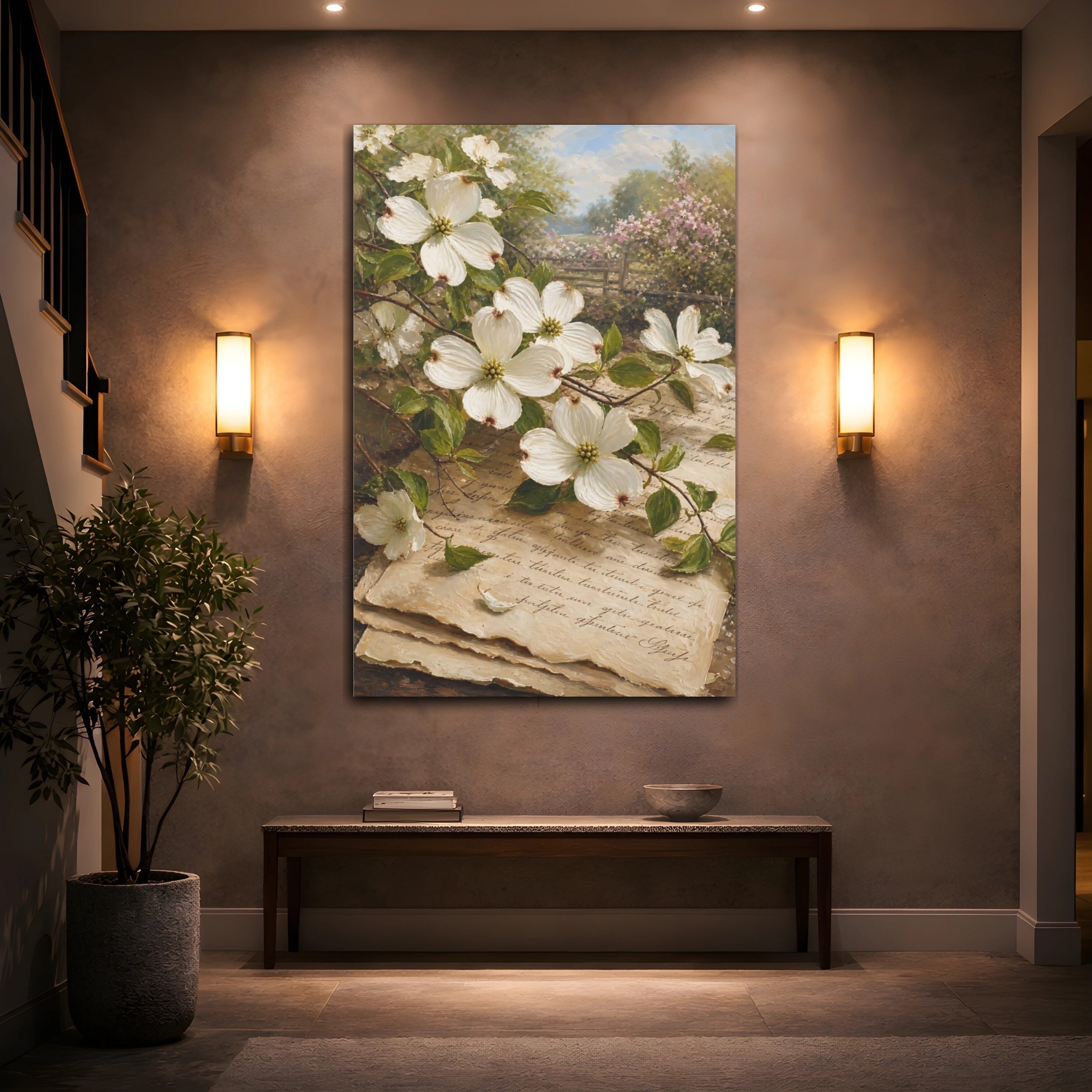 Mockup 2. Floral Dogwood Flowers Vintage Floral shown as stretched canvas wall art