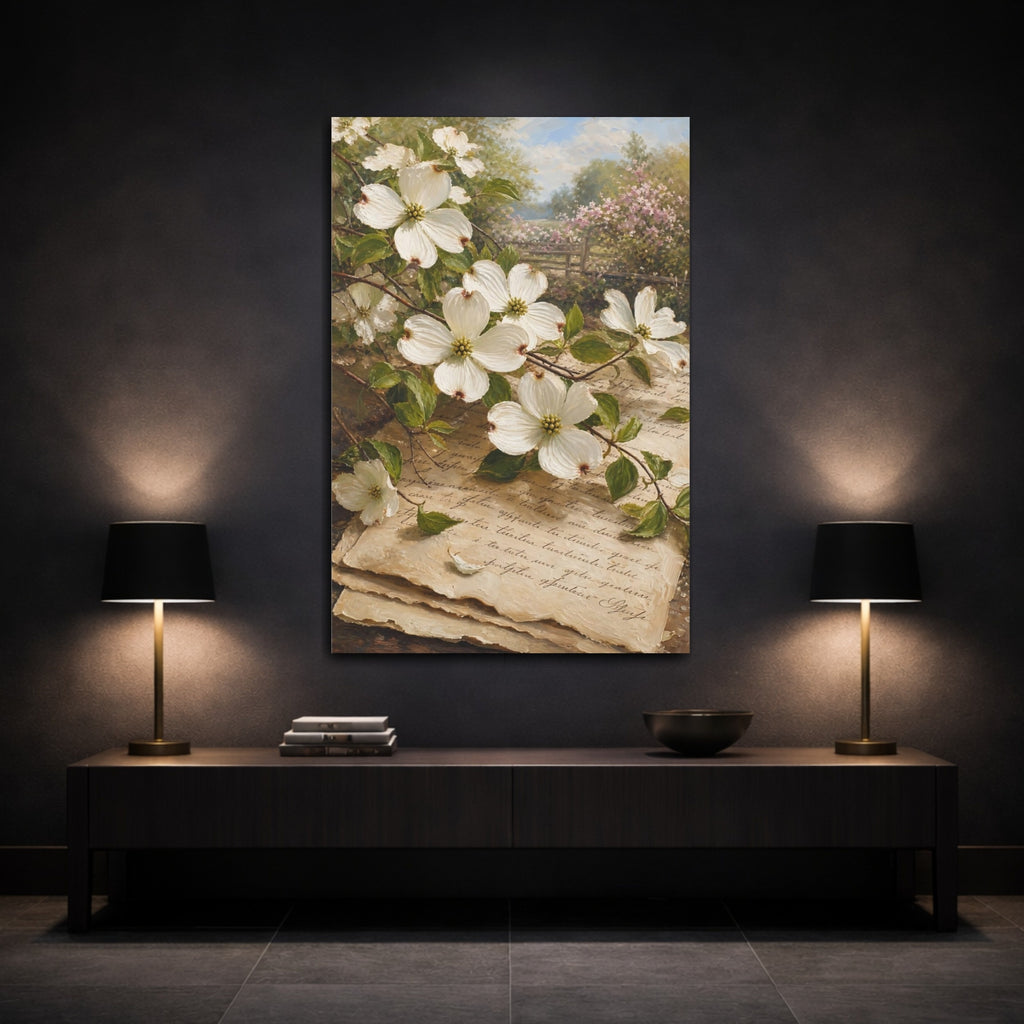 Mockup 3. Floral Dogwood Flowers Vintage Floral shown as stretched canvas wall art