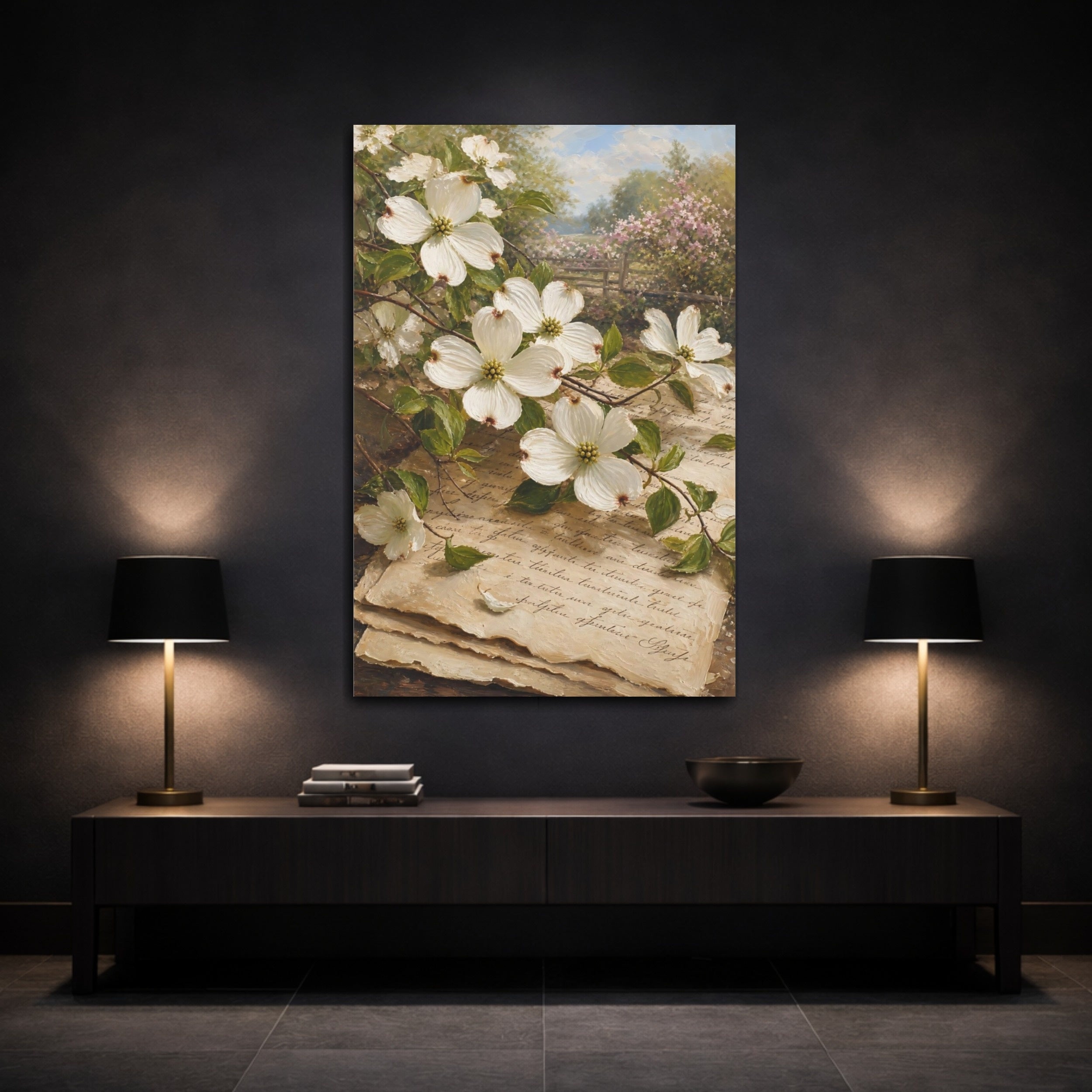 Mockup 3. Floral Dogwood Flowers Vintage Floral shown as stretched canvas wall art