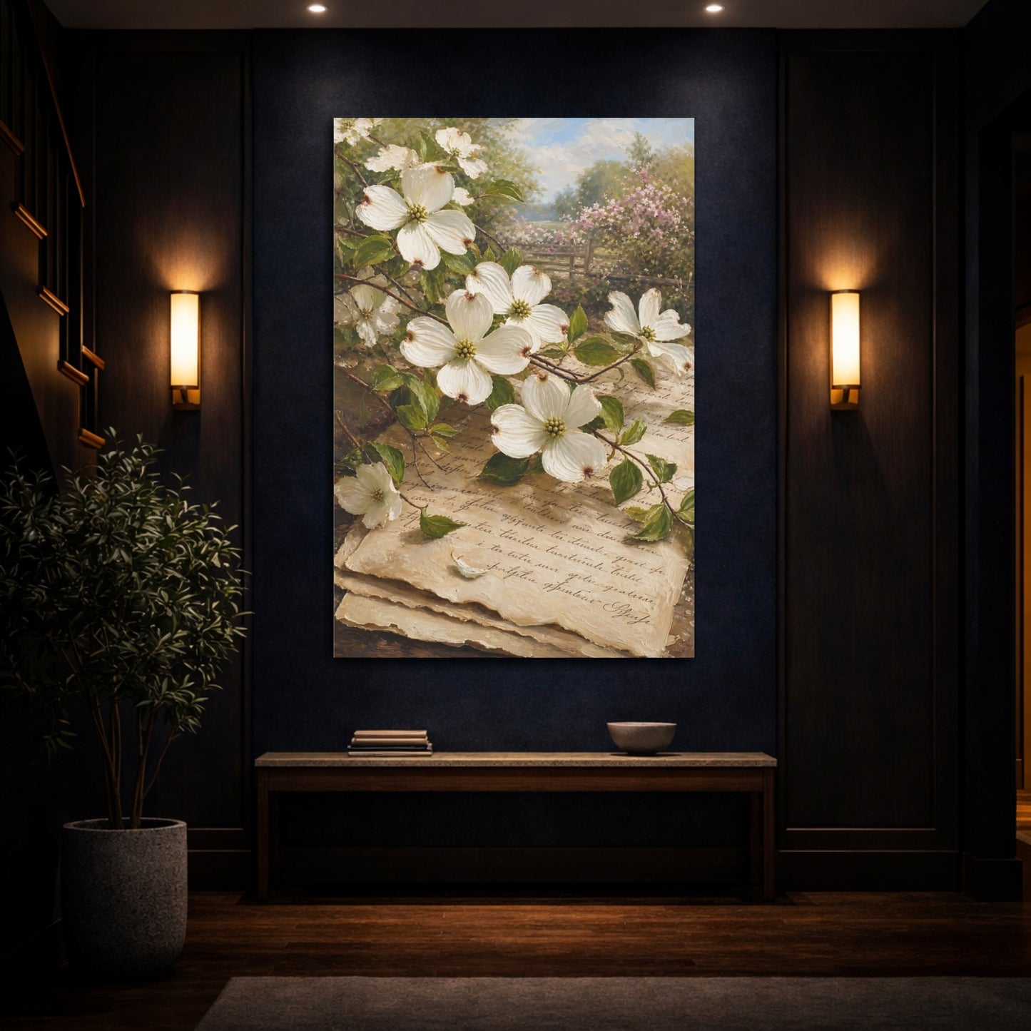 Mockup 4. Floral Dogwood Flowers Vintage Floral shown as stretched canvas wall art