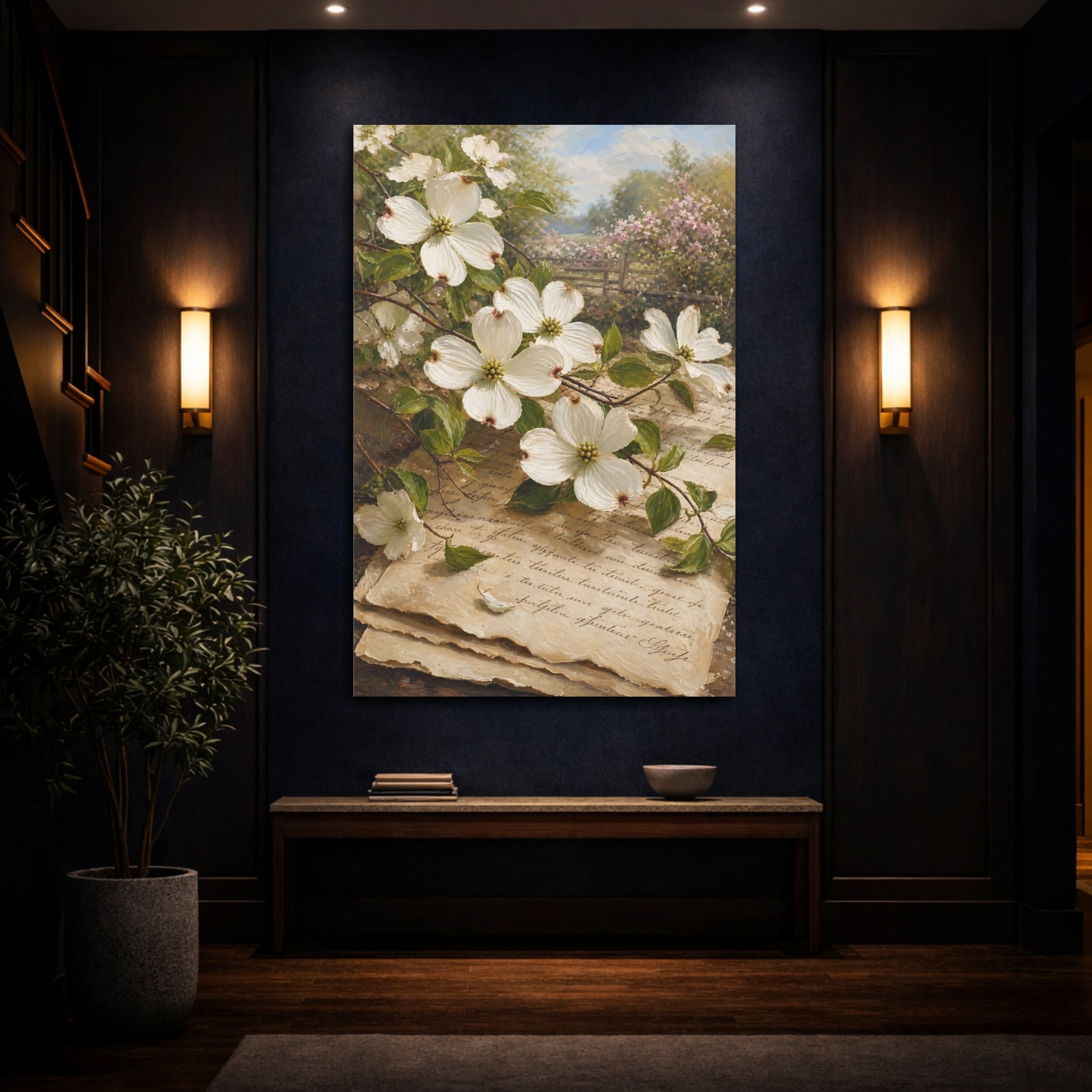Mockup 4. Floral Dogwood Flowers Vintage Floral shown as stretched canvas wall art