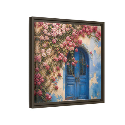 Side Mockup 14. Floral Floral Door Pink And Blue Floral shown as stretched canvas wall art