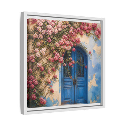 Side Mockup 28. Floral Floral Door Pink And Blue Floral shown as stretched canvas wall art
