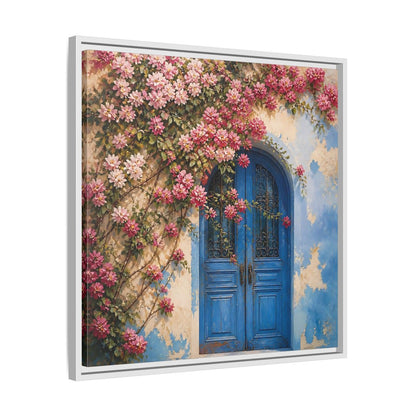 Side Mockup 26. Floral Floral Door Pink And Blue Floral shown as stretched canvas wall art