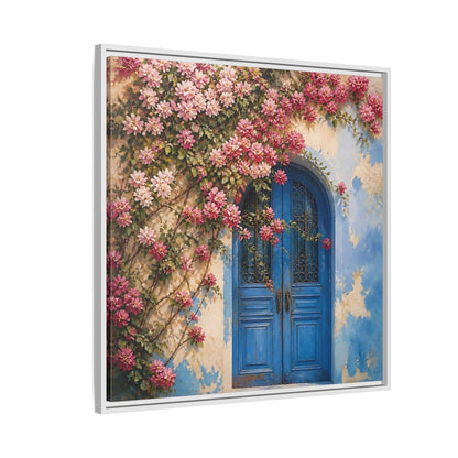 Side Mockup 7. Floral Floral Door Pink And Blue Floral shown as stretched canvas wall art