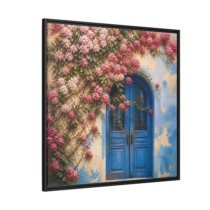 Side Mockup 6. Floral Floral Door Pink And Blue Floral shown as stretched canvas wall art
