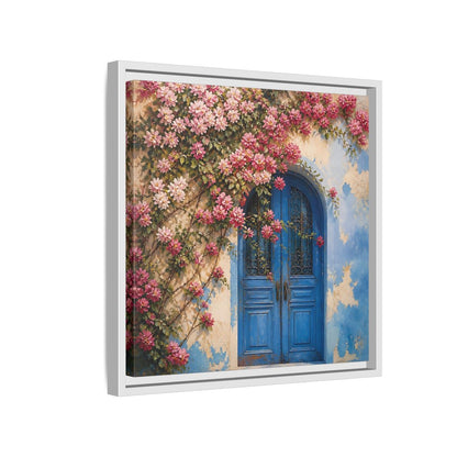 Side Mockup 13. Floral Floral Door Pink And Blue Floral shown as stretched canvas wall art