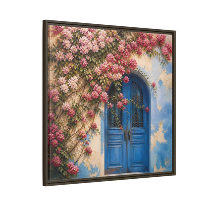 Side Mockup 8. Floral Floral Door Pink And Blue Floral shown as stretched canvas wall art