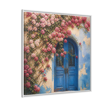 Side Mockup 4. Floral Floral Door Pink And Blue Floral shown as stretched canvas wall art
