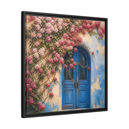 Side Mockup 31. Floral Floral Door Pink And Blue Floral shown as stretched canvas wall art