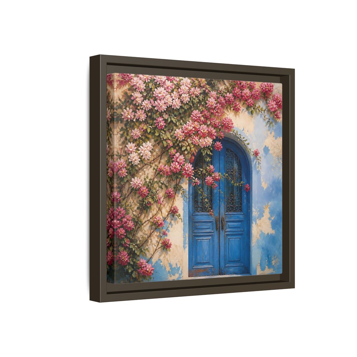 Side Mockup 17. Floral Floral Door Pink And Blue Floral shown as stretched canvas wall art