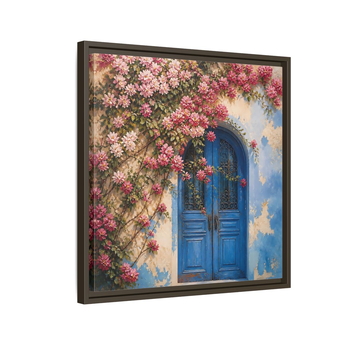 Side Mockup 11. Floral Floral Door Pink And Blue Floral shown as stretched canvas wall art