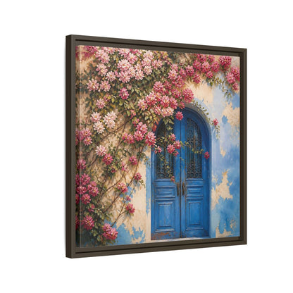 Side Mockup 11. Floral Floral Door Pink And Blue Floral shown as stretched canvas wall art