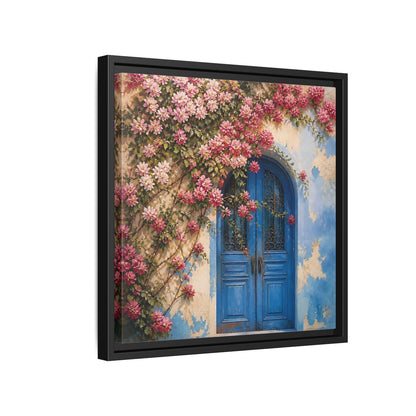 Side Mockup 15. Floral Floral Door Pink And Blue Floral shown as stretched canvas wall art
