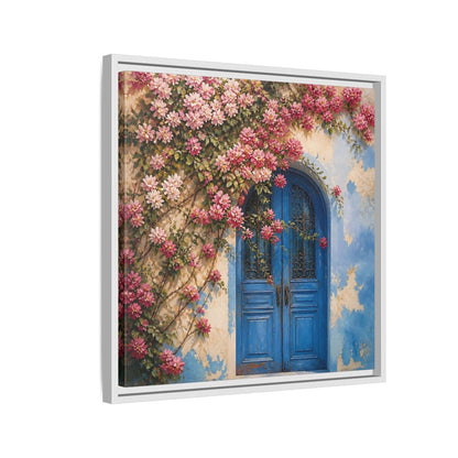 Side Mockup 10. Floral Floral Door Pink And Blue Floral shown as stretched canvas wall art
