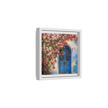 Side Mockup 1. Floral Floral Door Pink And Blue Floral shown as stretched canvas wall art