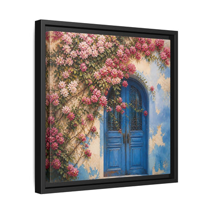 Side Mockup 32. Floral Floral Door Pink And Blue Floral shown as stretched canvas wall art