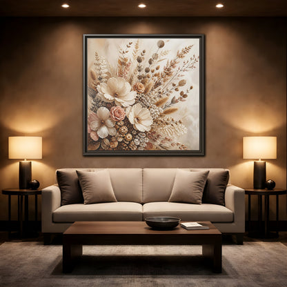 Mockup 2. Floral Dried Flowers Neutral Floral Art shown as stretched canvas wall art